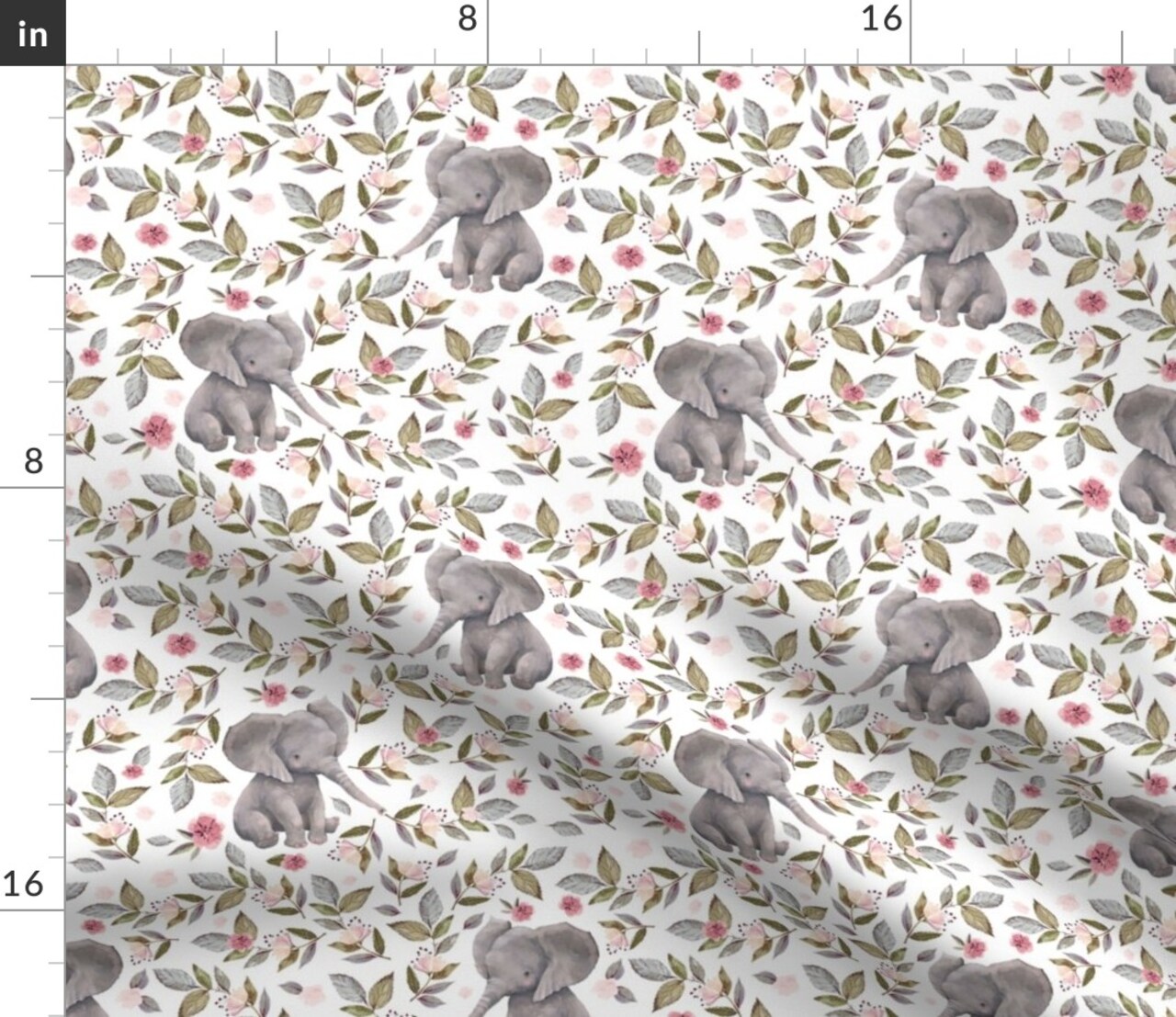 Elephant Crown Mix Match Nursery Girl Pink Roses Spring Floral Safari Animal Watercolor Girly Custom Printed Fabric by Spoonflower Various Fabrics by the Yard or Fat Quarter